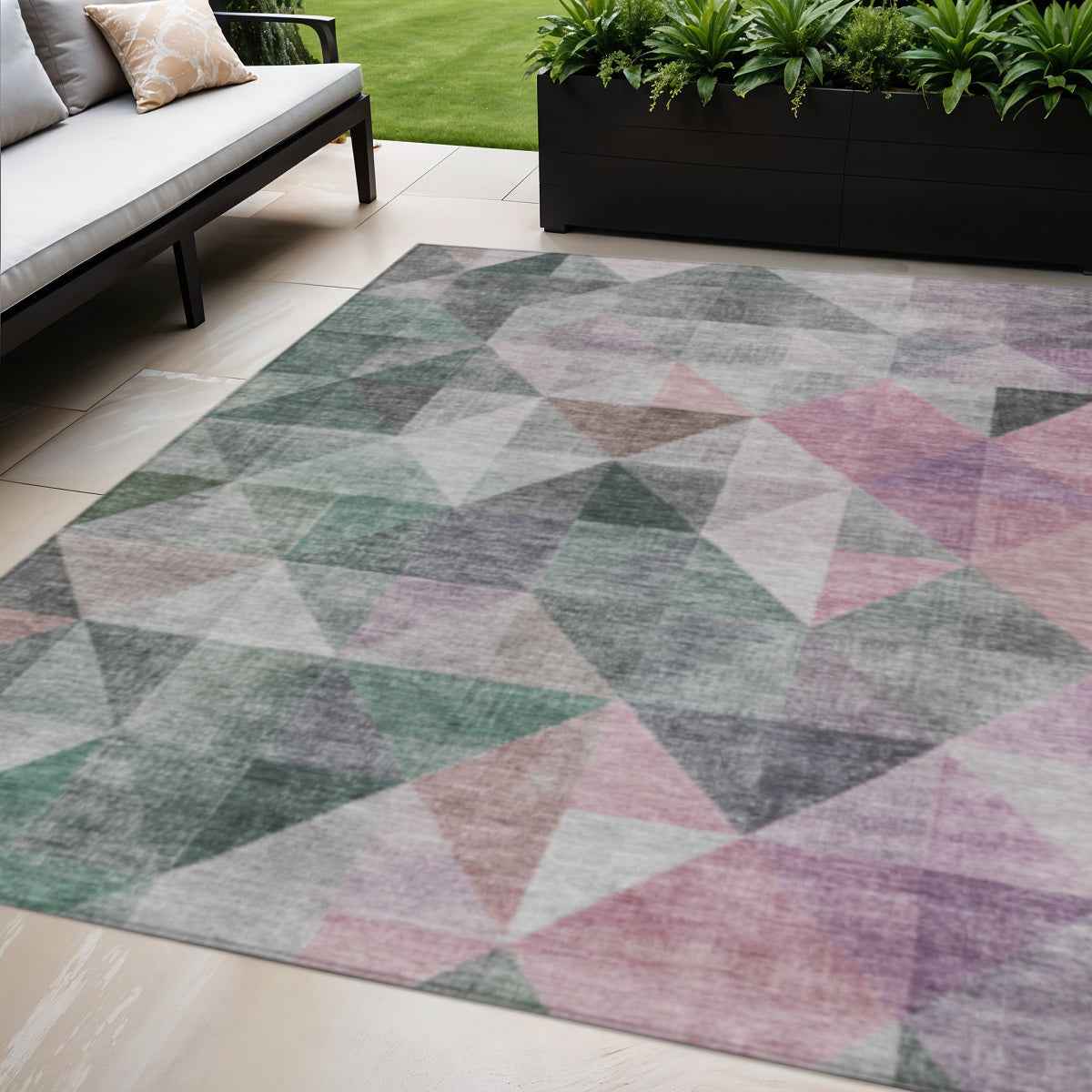 5' X 8' Blush And Green Geometric Washable Indoor Outdoor Area Rug