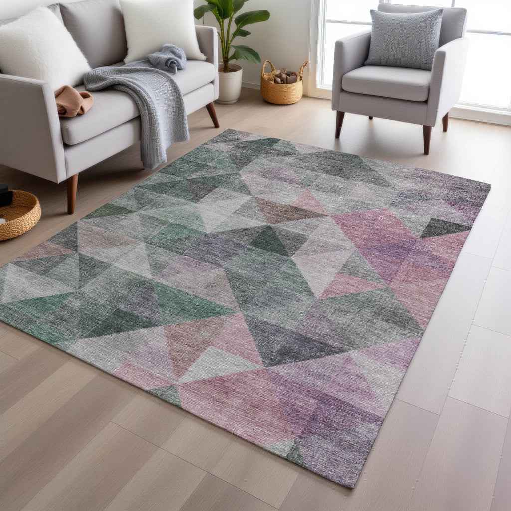 5' X 8' Blush And Green Geometric Washable Indoor Outdoor Area Rug