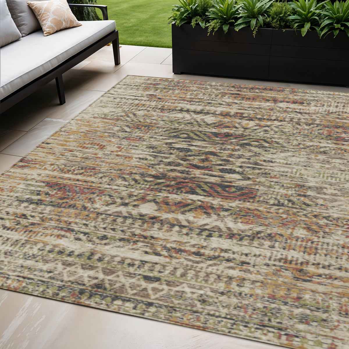 5' X 8' Beige And Fern Green Moroccan Washable Indoor Outdoor Area Rug