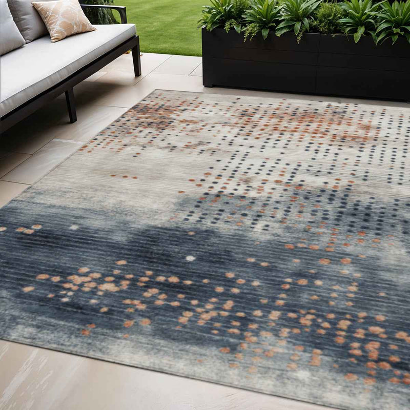 5' X 8' Linen And Navy Blue Geometric Washable Indoor Outdoor Area Rug