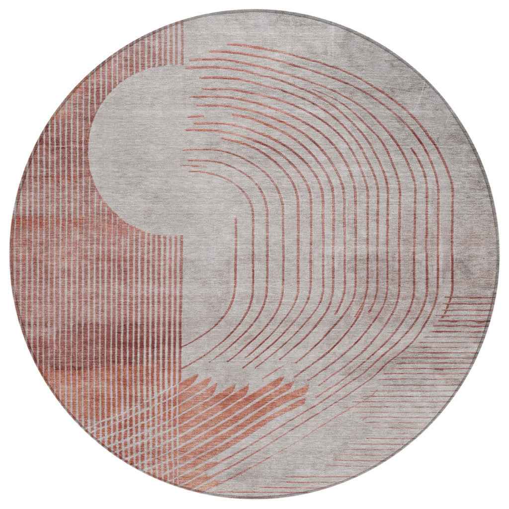 8' Salmon And Beige Round Geometric Washable Indoor Outdoor Area Rug