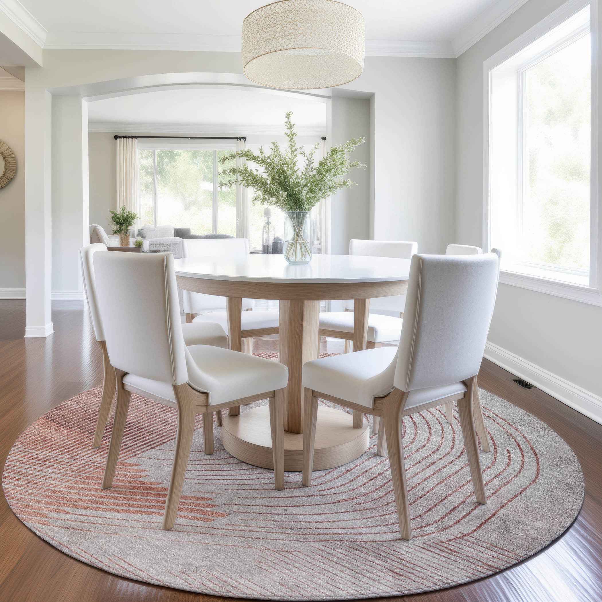 8' Salmon And Beige Round Geometric Washable Indoor Outdoor Area Rug