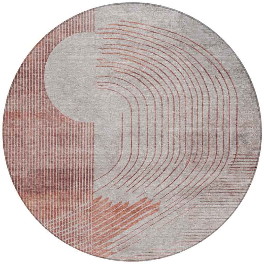 8' Salmon And Beige Round Geometric Washable Indoor Outdoor Area Rug