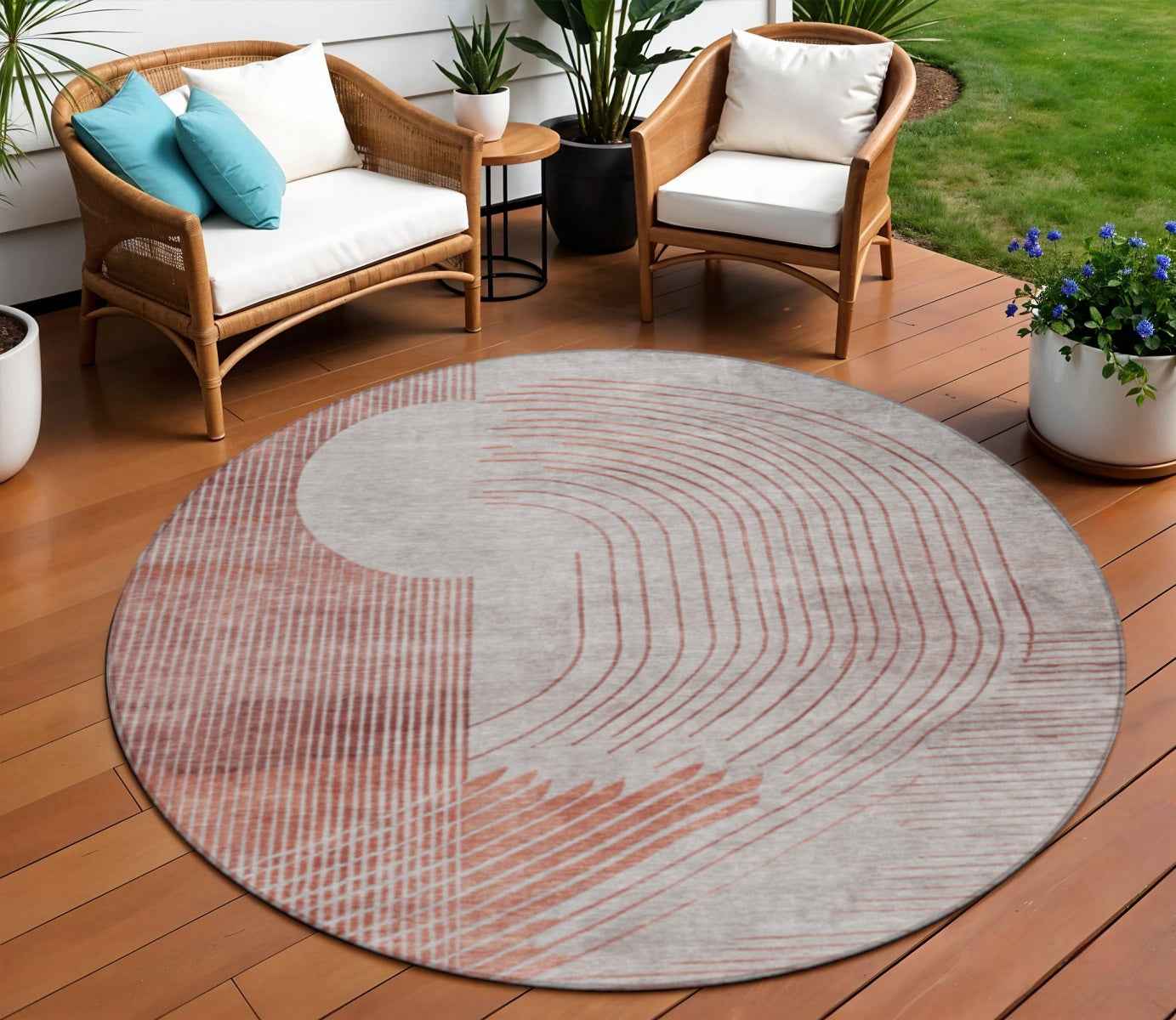 8' Salmon And Beige Round Geometric Washable Indoor Outdoor Area Rug