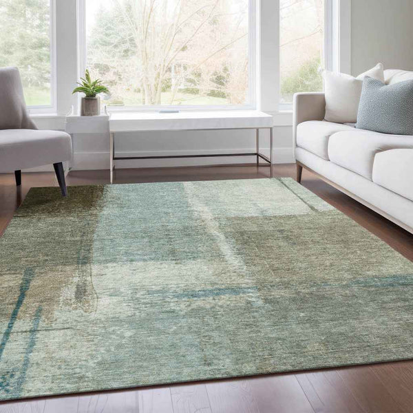 9' X 12' Pale Aqua And Beige Abstract Washable Indoor Outdoor Area Rug