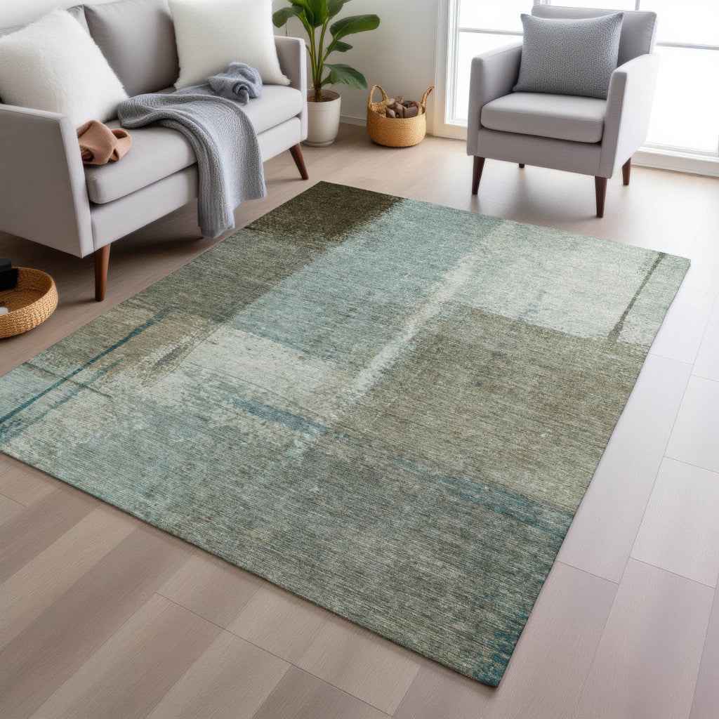 9' X 12' Pale Aqua And Beige Abstract Washable Indoor Outdoor Area Rug