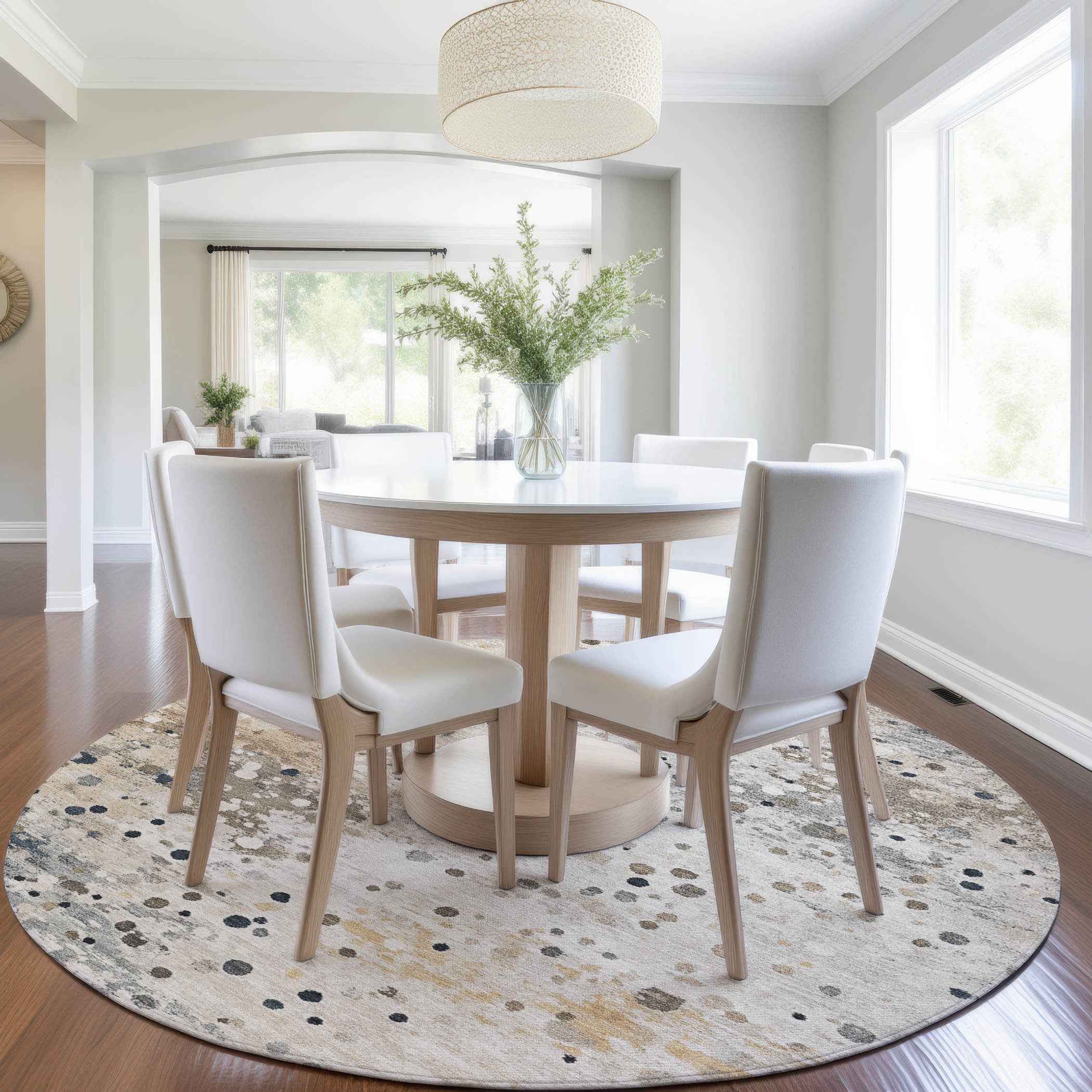 8' Ivory And Taupe Round Abstract Washable Indoor Outdoor Area Rug