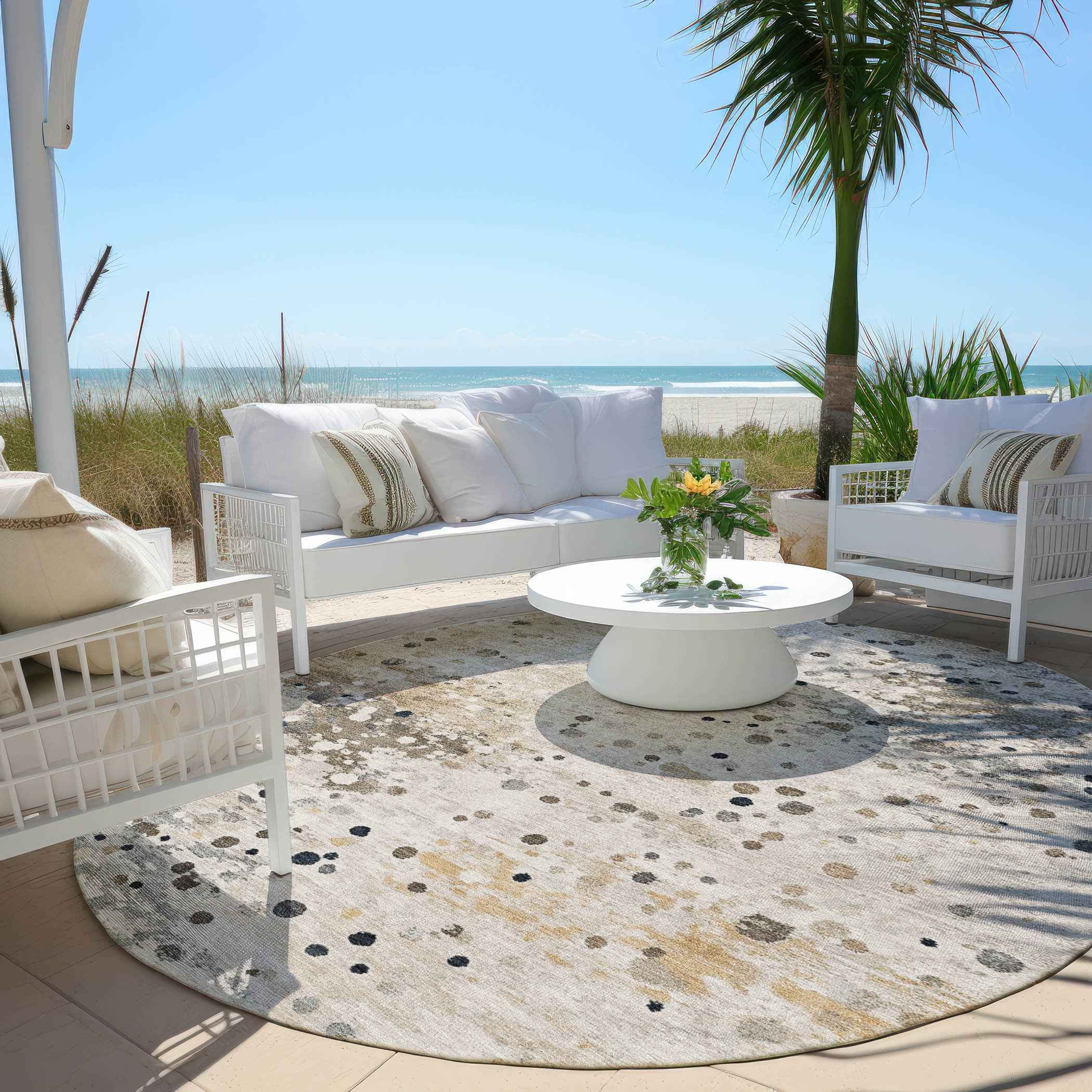 8' Ivory And Taupe Round Abstract Washable Indoor Outdoor Area Rug