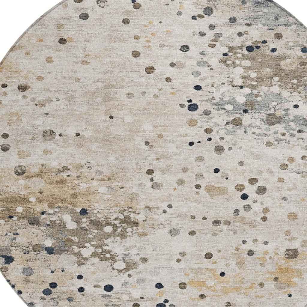 8' Ivory And Taupe Round Abstract Washable Indoor Outdoor Area Rug