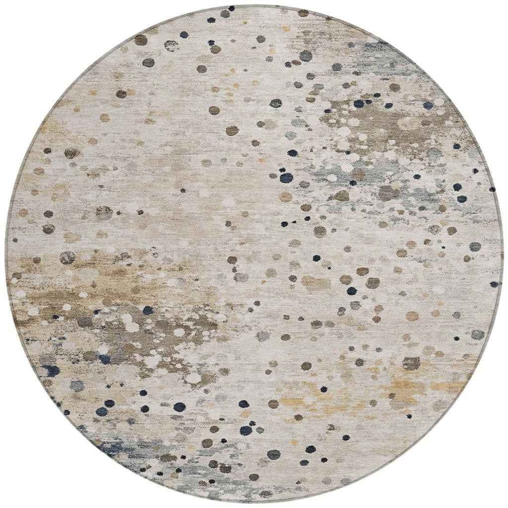 8' Ivory And Taupe Round Abstract Washable Indoor Outdoor Area Rug
