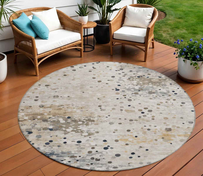 8' Ivory And Taupe Round Abstract Washable Indoor Outdoor Area Rug