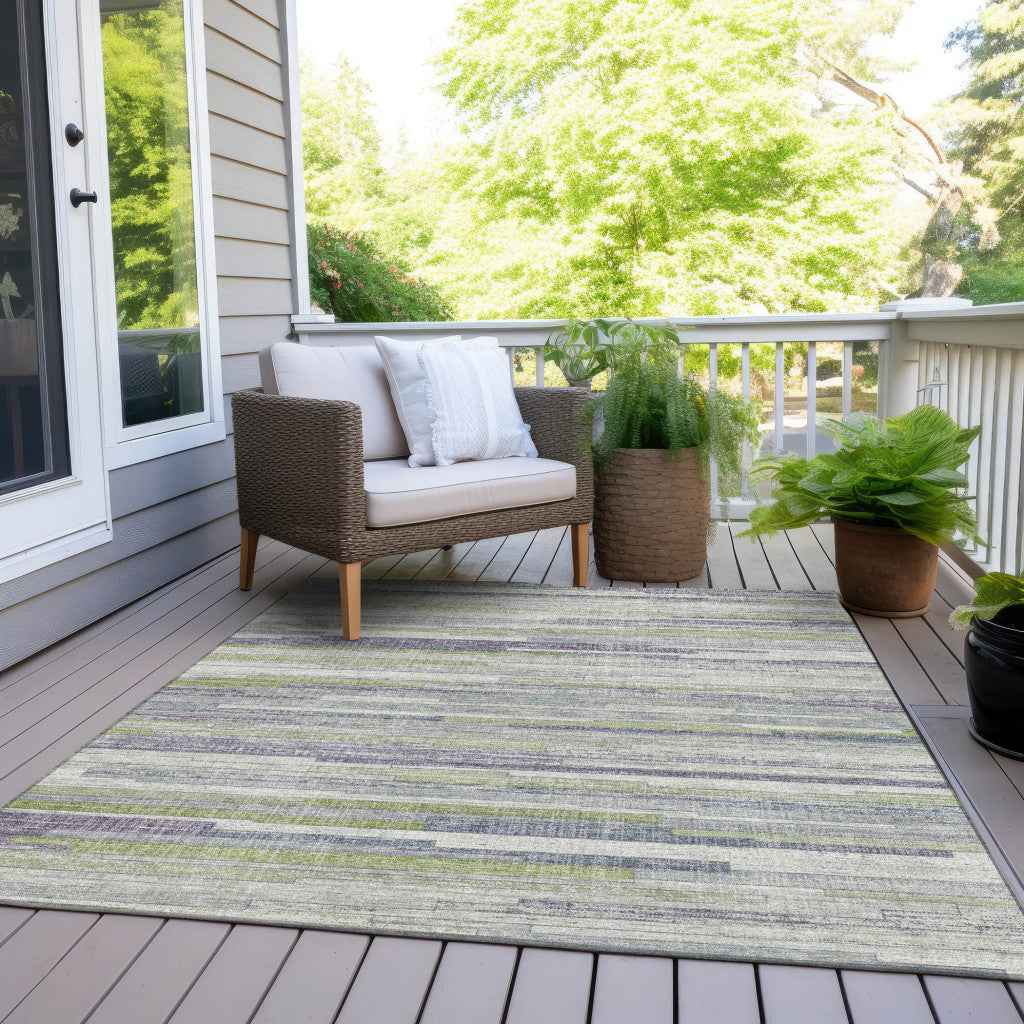 8' X 10' Artichoke Green And Plum Striped Washable Indoor Outdoor Area Rug