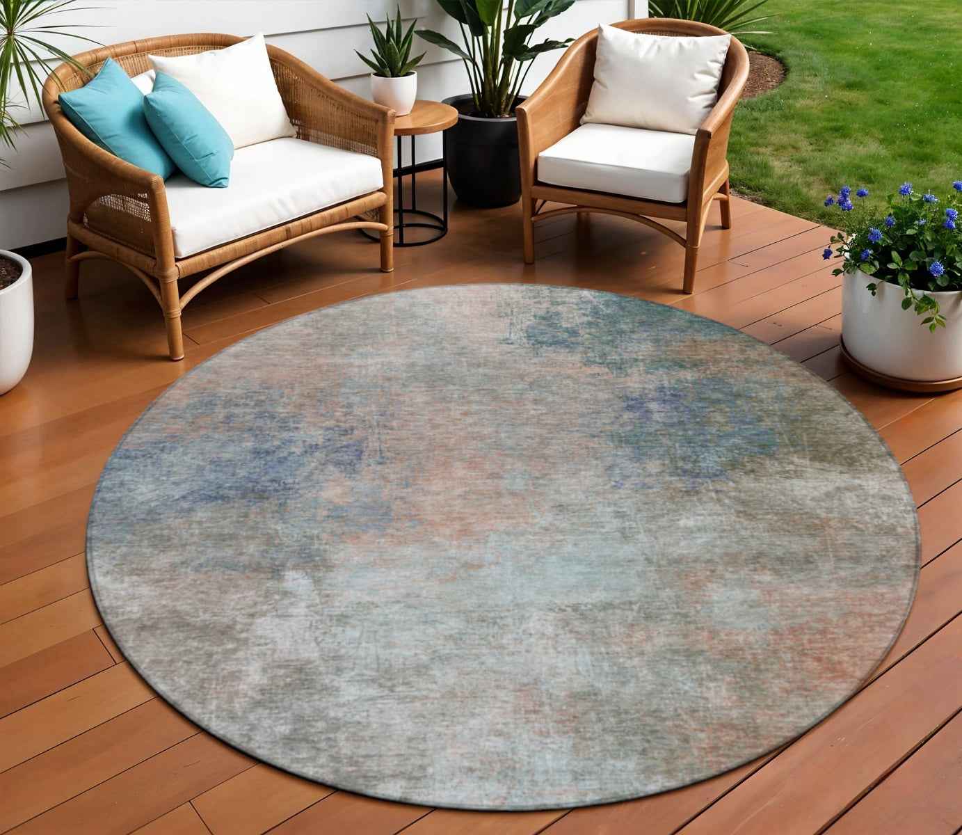 8' Copper And Navy Blue Round Abstract Washable Indoor Outdoor Area Rug