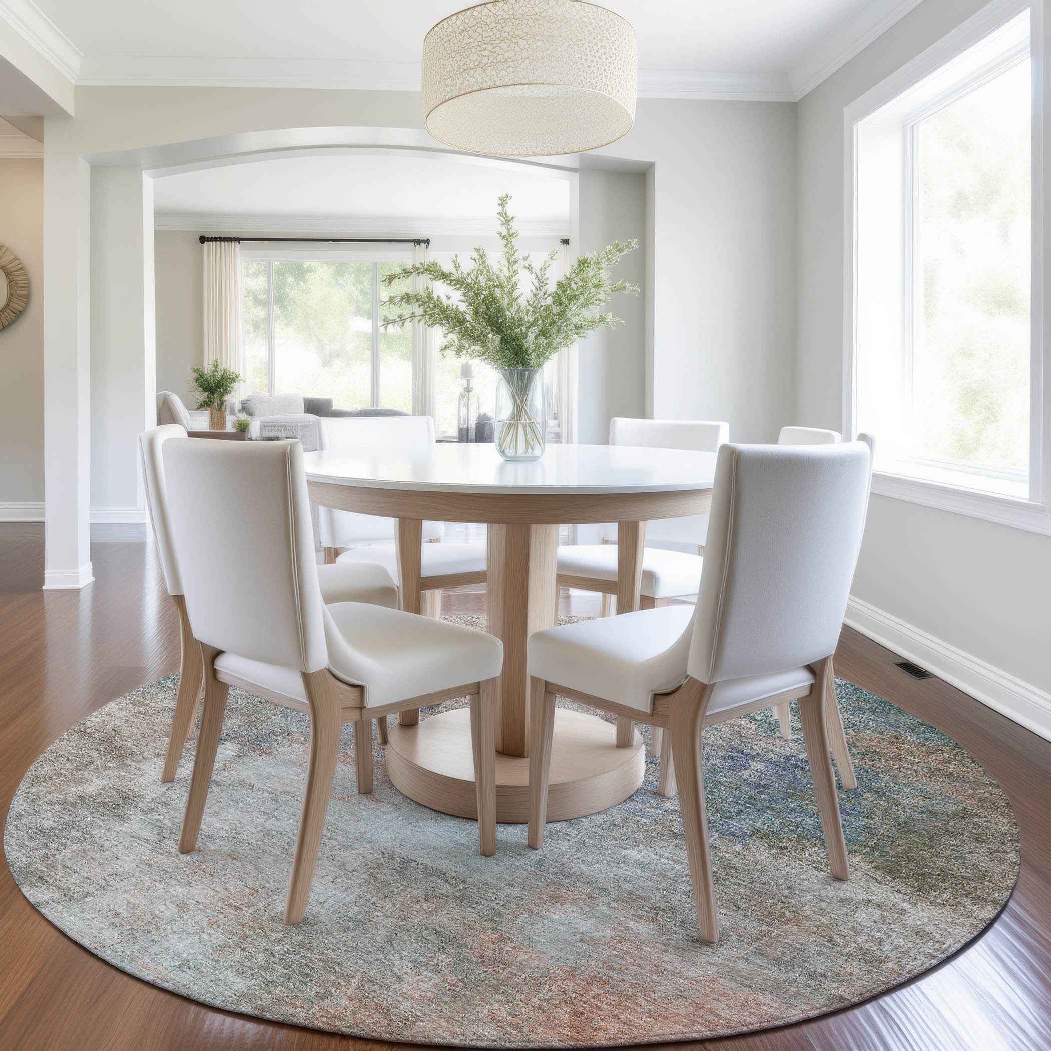 8' Copper And Navy Blue Round Abstract Washable Indoor Outdoor Area Rug