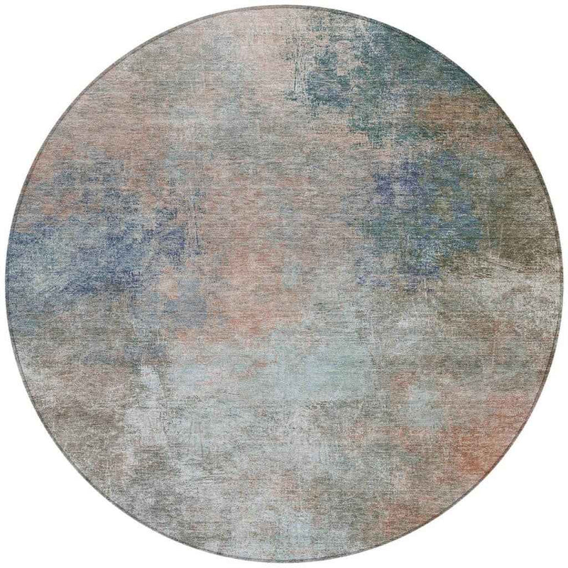 8' Copper And Navy Blue Round Abstract Washable Indoor Outdoor Area Rug