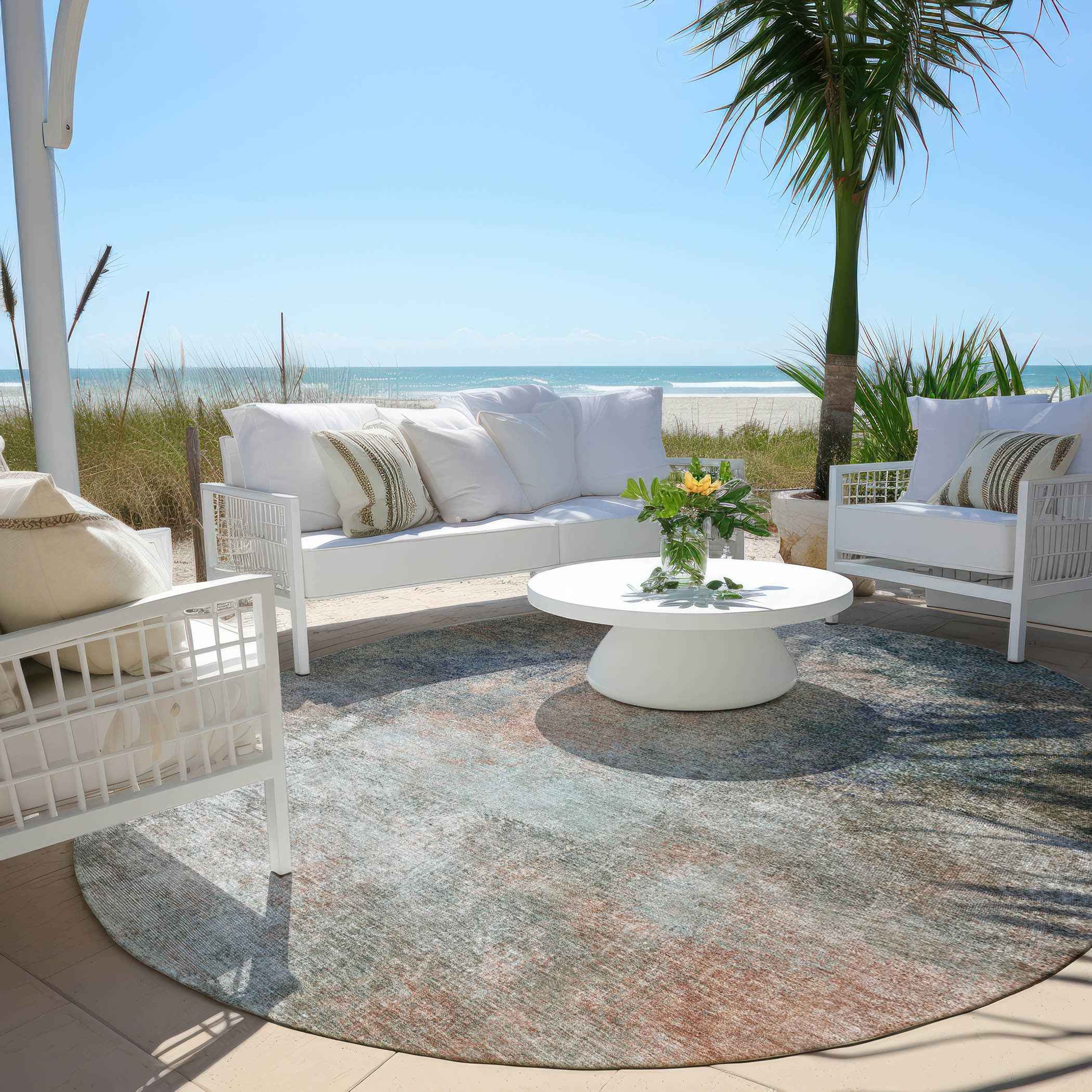 8' Copper And Navy Blue Round Abstract Washable Indoor Outdoor Area Rug