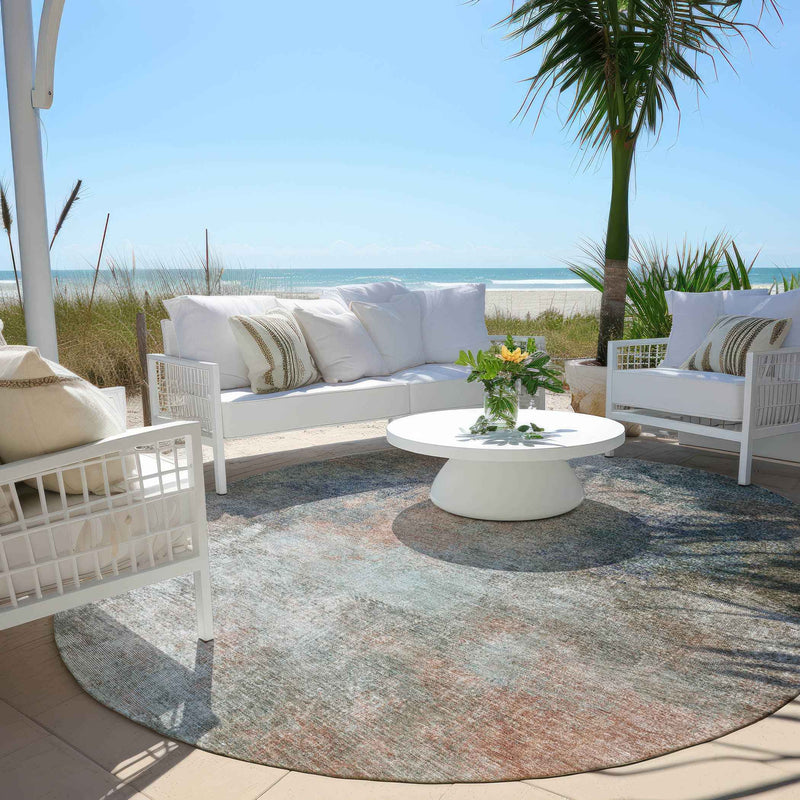 8' Copper And Navy Blue Round Abstract Washable Indoor Outdoor Area Rug