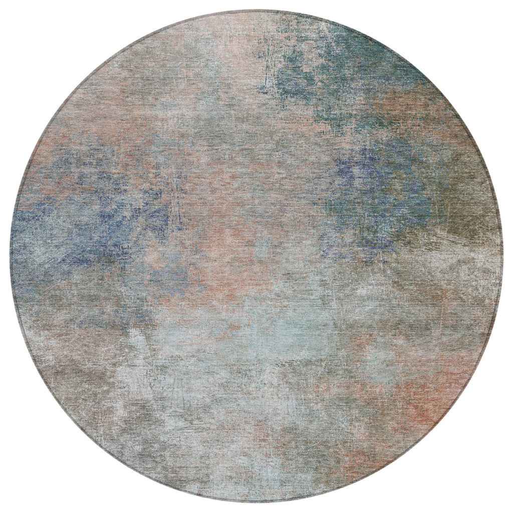 8' Copper And Navy Blue Round Abstract Washable Indoor Outdoor Area Rug