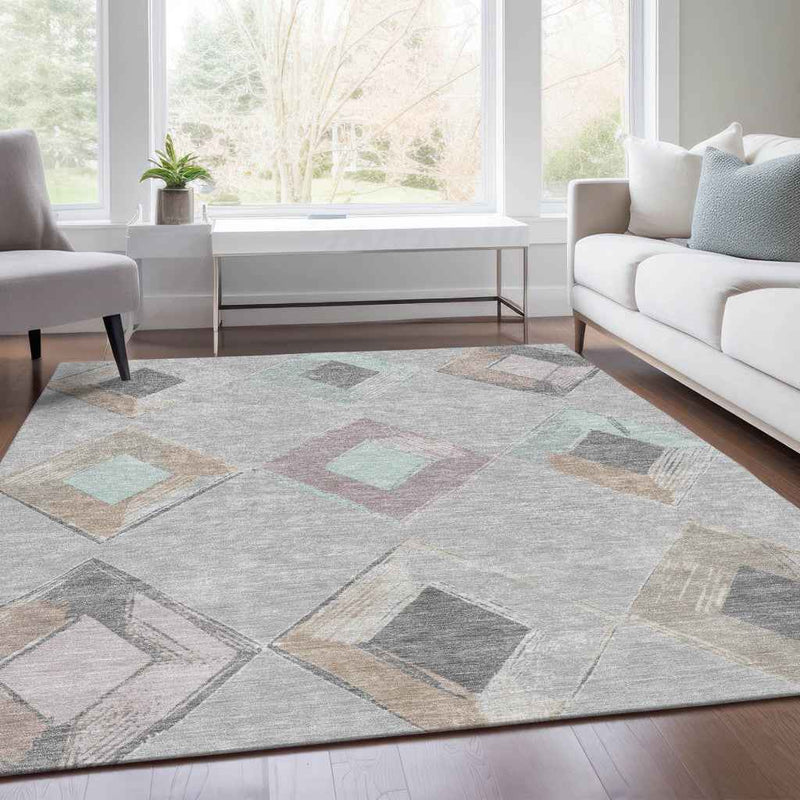 3' X 5' Gray Beige And Taupe Geometric Washable Indoor Outdoor Area Rug