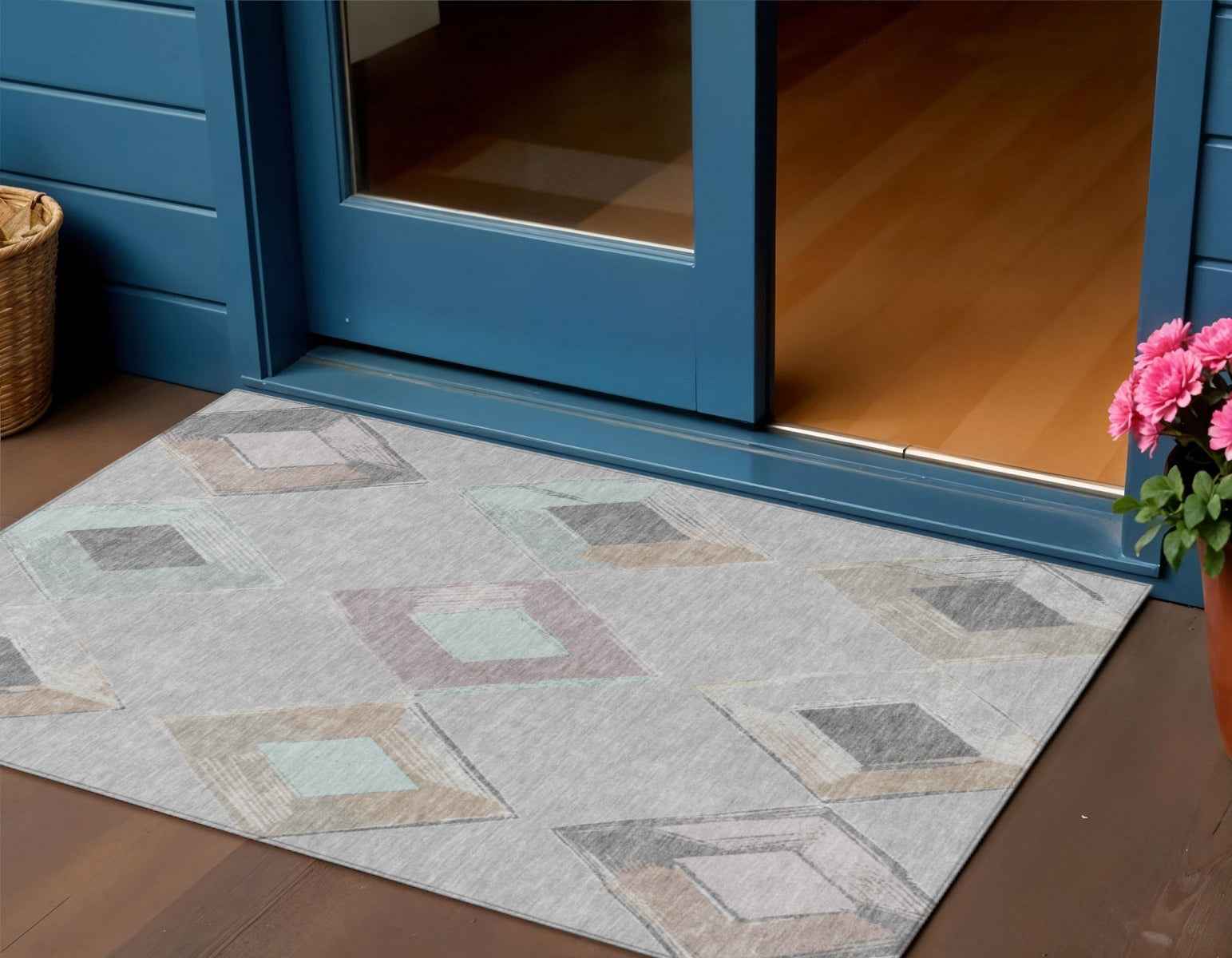 3' X 5' Gray Beige And Taupe Geometric Washable Indoor Outdoor Area Rug