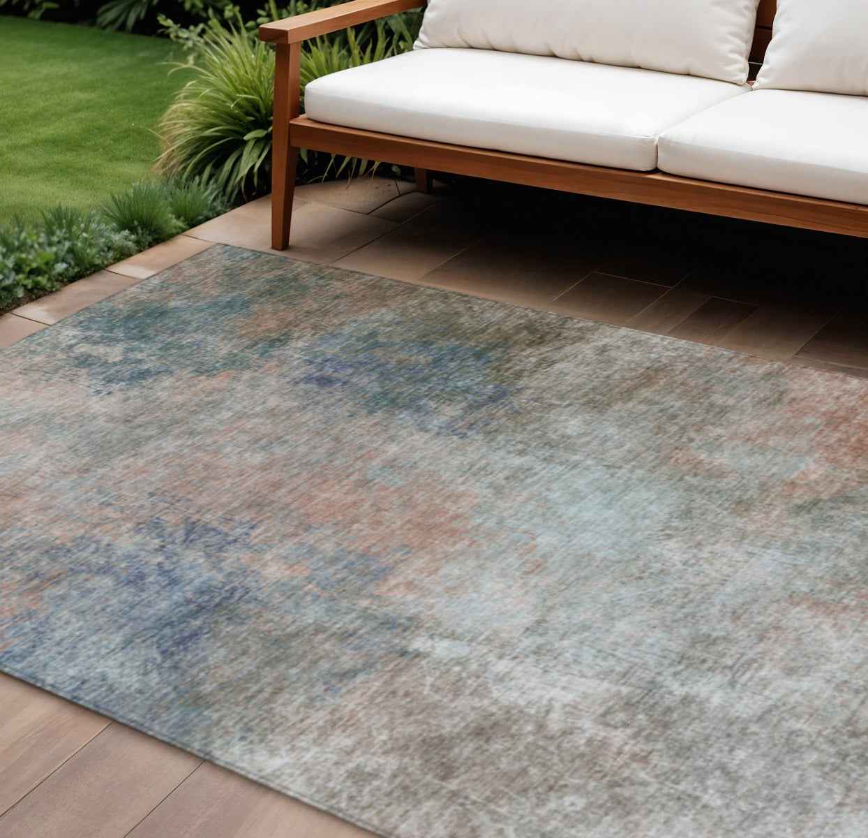10' X 14' Copper And Navy Blue Abstract Washable Indoor Outdoor Area Rug