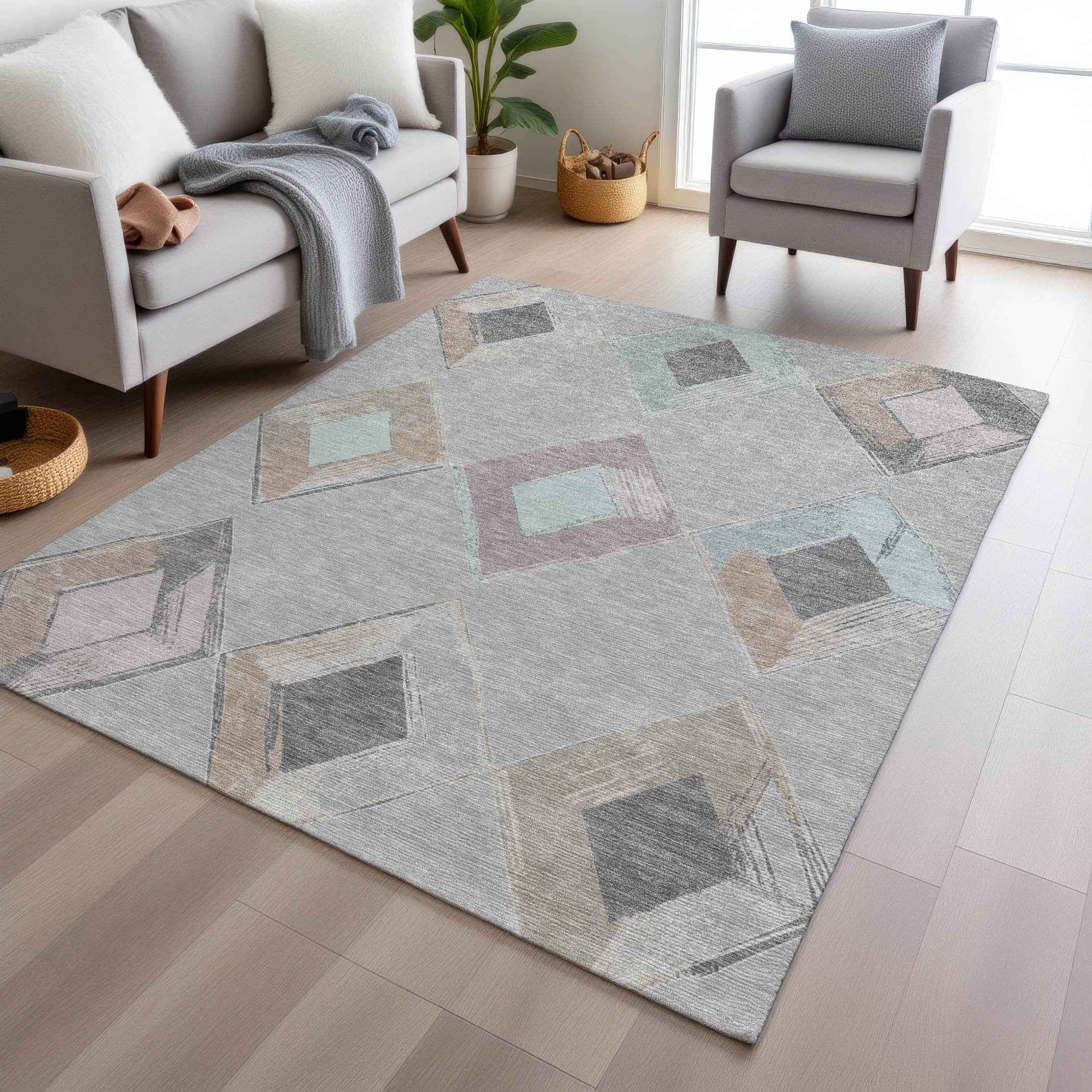 3' X 5' Gray Beige And Taupe Geometric Washable Indoor Outdoor Area Rug