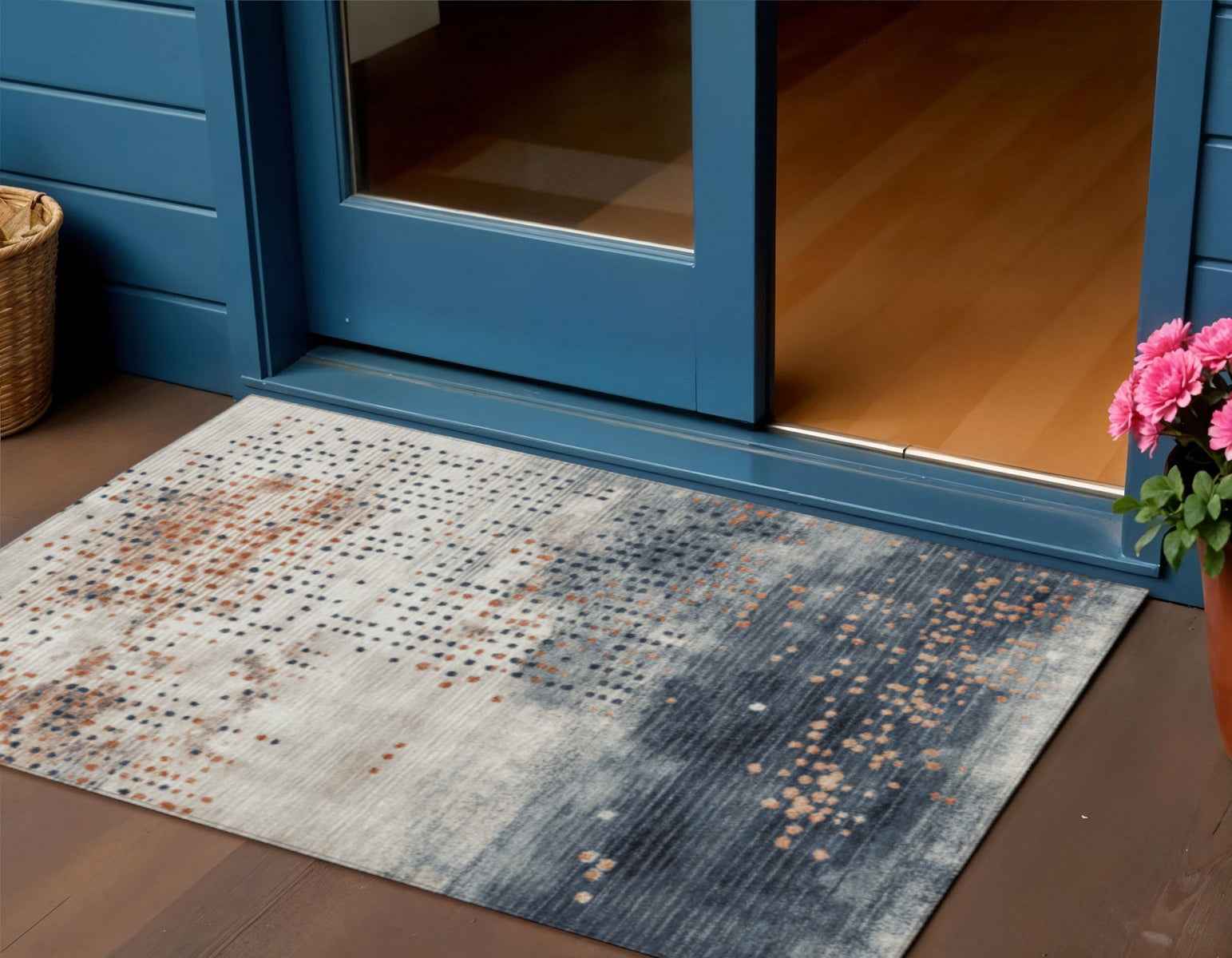 3' X 5' Linen And Navy Blue Geometric Washable Indoor Outdoor Area Rug