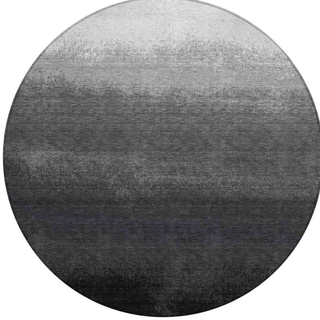 8' Gray And Silver Round Ombre Washable Indoor Outdoor Area Rug