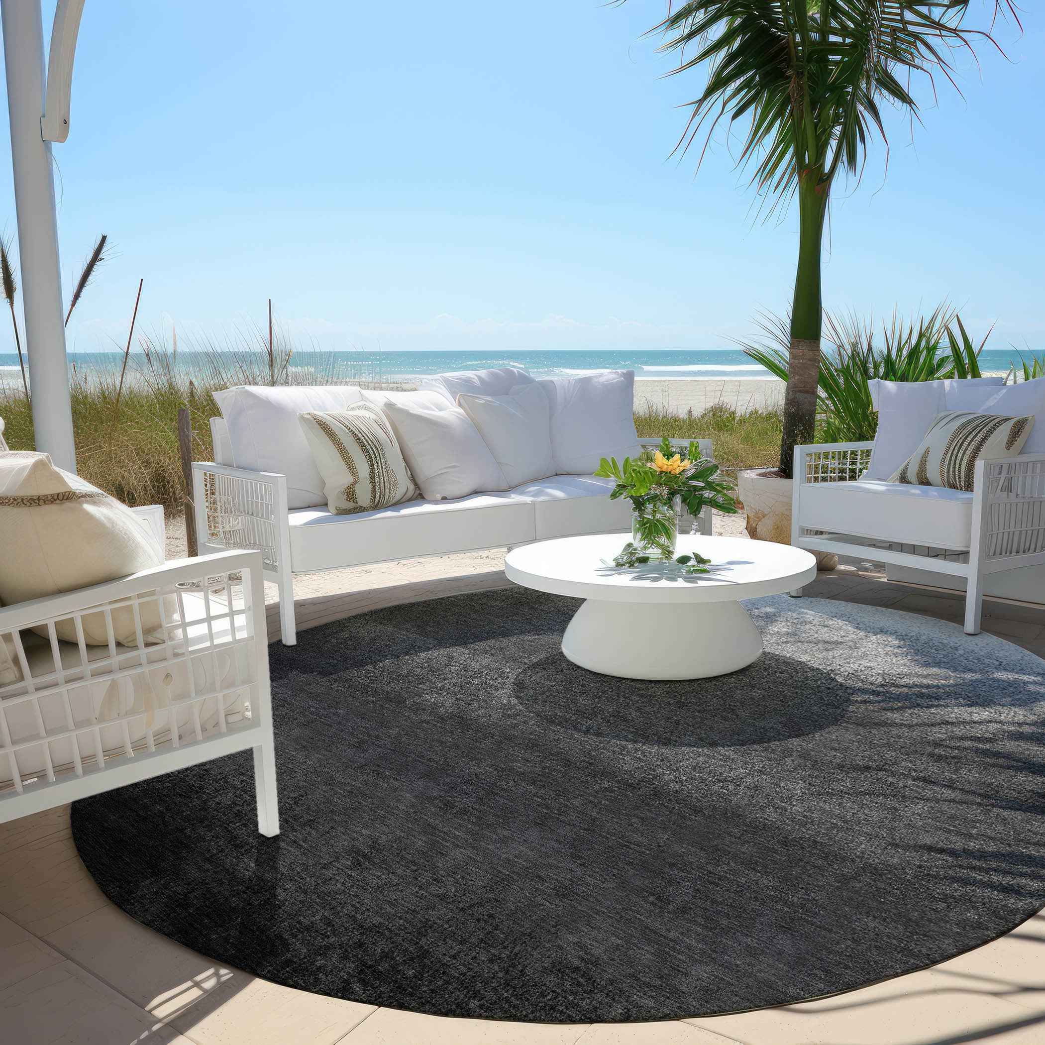 8' Gray And Silver Round Ombre Washable Indoor Outdoor Area Rug