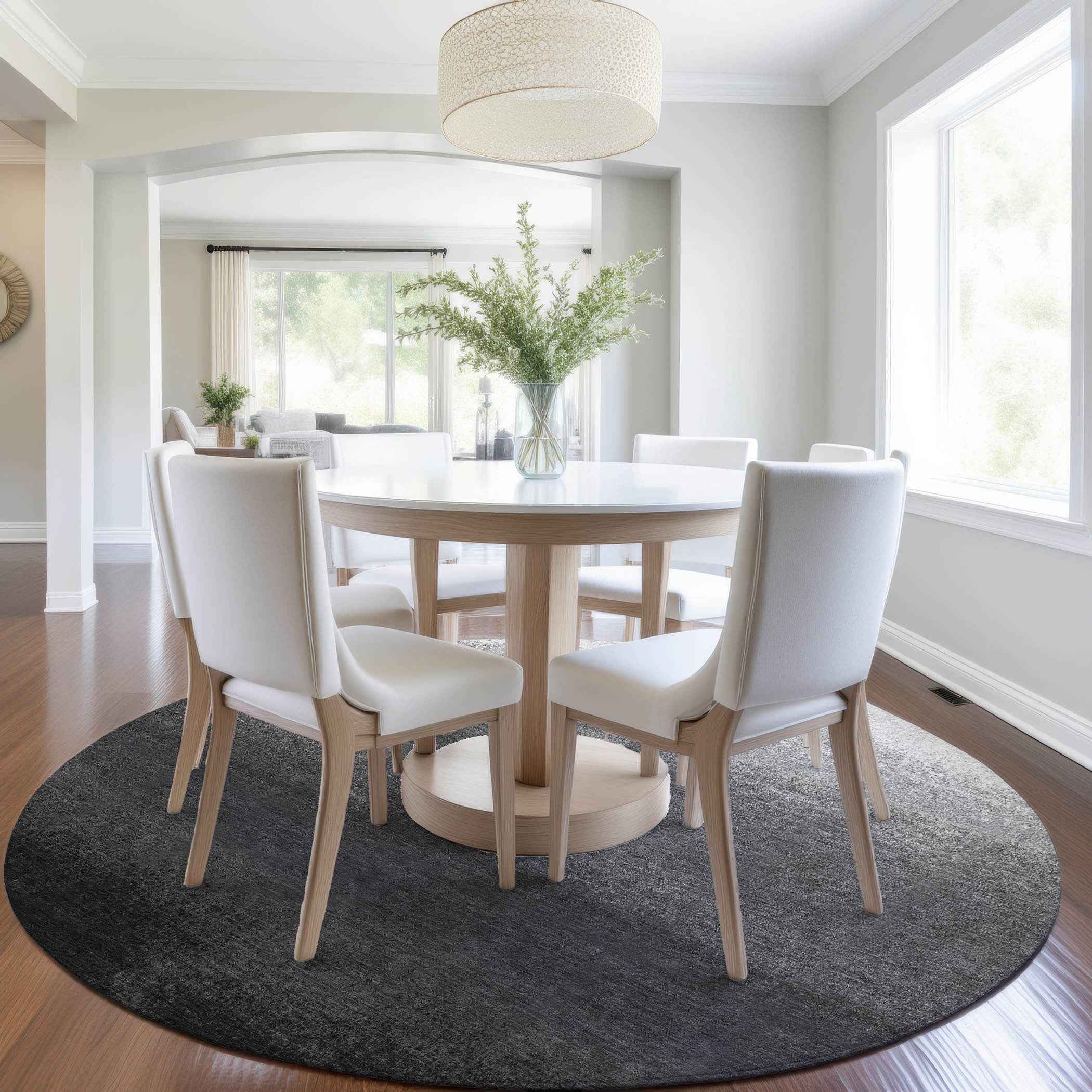 8' Gray And Silver Round Ombre Washable Indoor Outdoor Area Rug