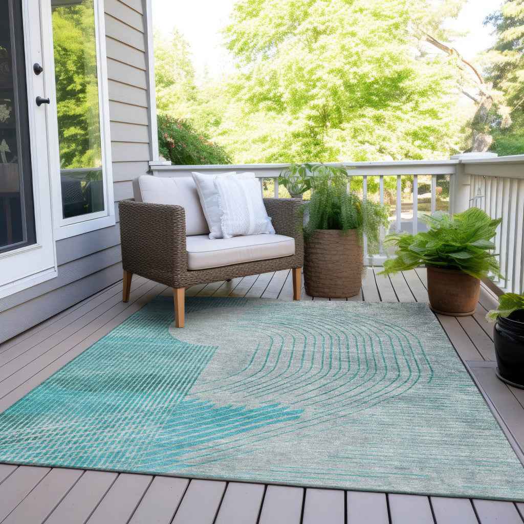 3' X 5' Teal Blue And Beige Geometric Washable Indoor Outdoor Area Rug