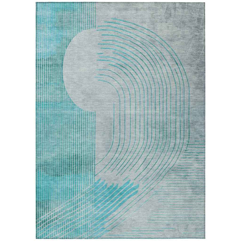 3' X 5' Teal Blue And Beige Geometric Washable Indoor Outdoor Area Rug