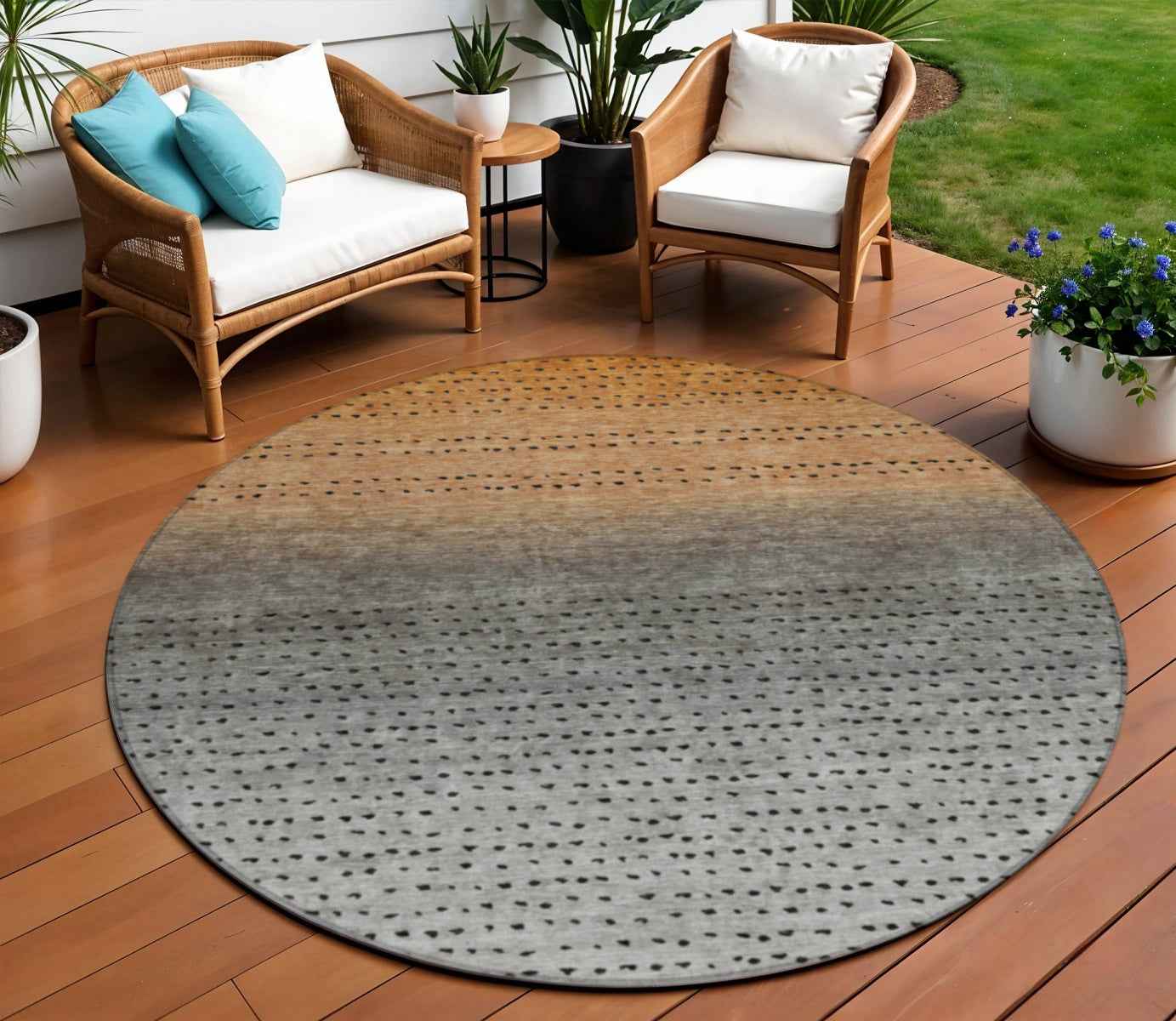 8' Copper And Gray Round Abstract Washable Indoor Outdoor Area Rug