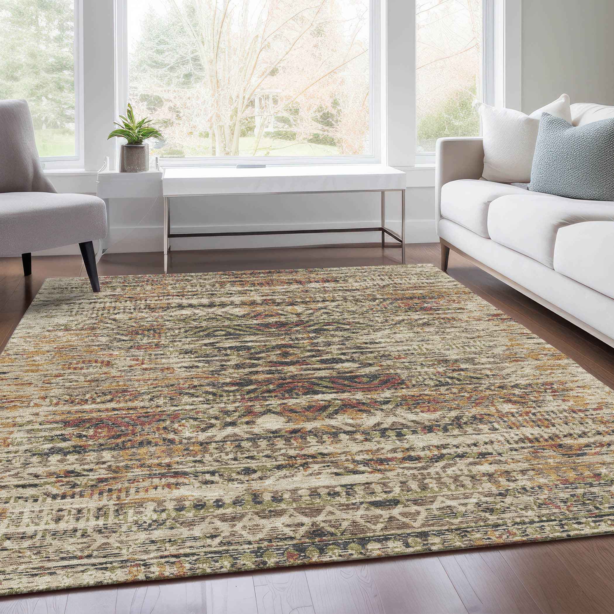 9' X 12' Beige And Fern Green Moroccan Washable Indoor Outdoor Area Rug