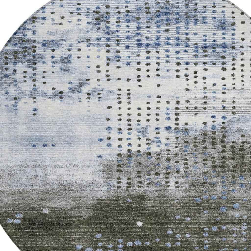 8' Denim Blue And Brown Round Geometric Washable Indoor Outdoor Area Rug