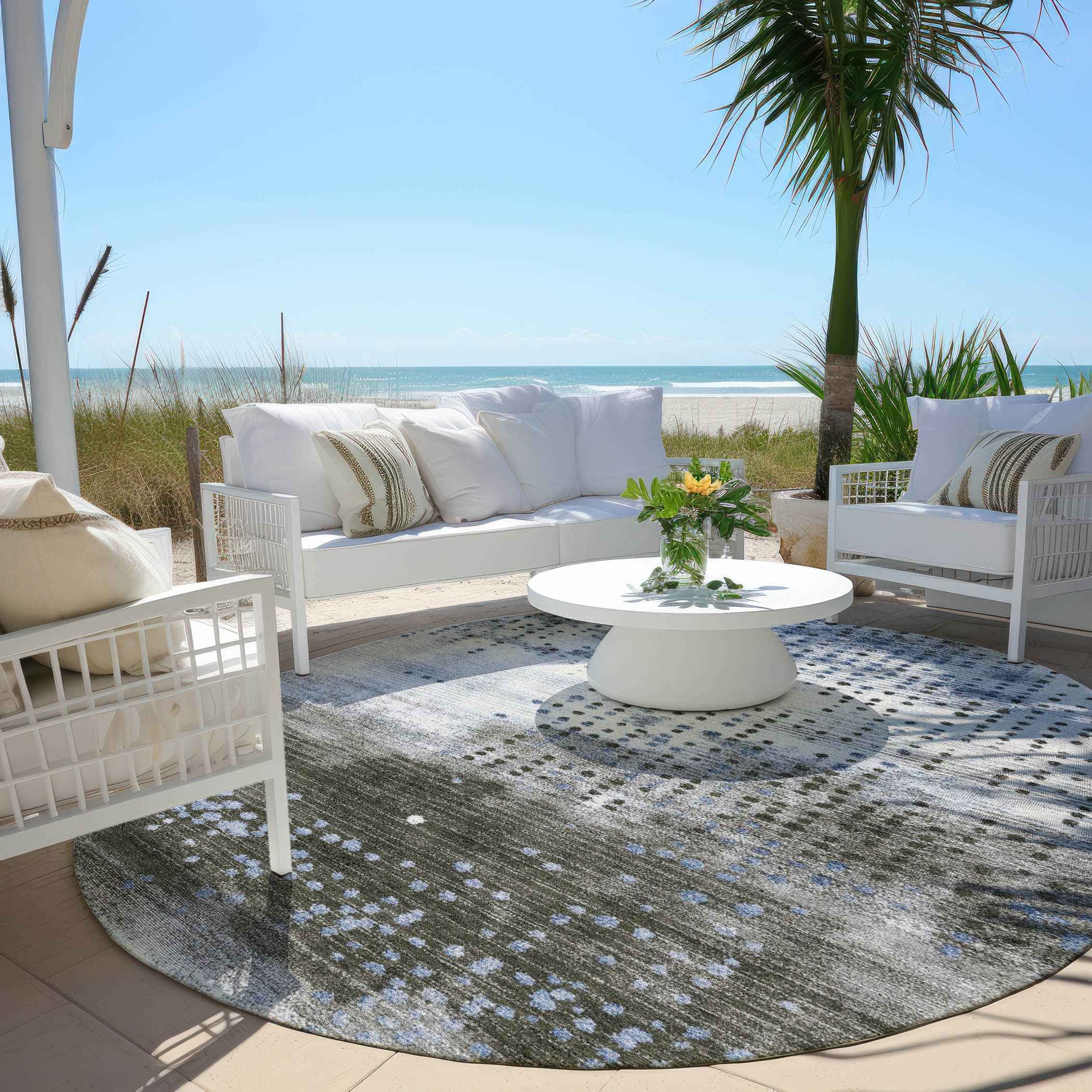 8' Denim Blue And Brown Round Geometric Washable Indoor Outdoor Area Rug