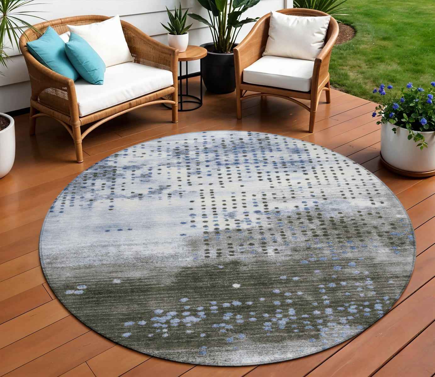 8' Denim Blue And Brown Round Geometric Washable Indoor Outdoor Area Rug