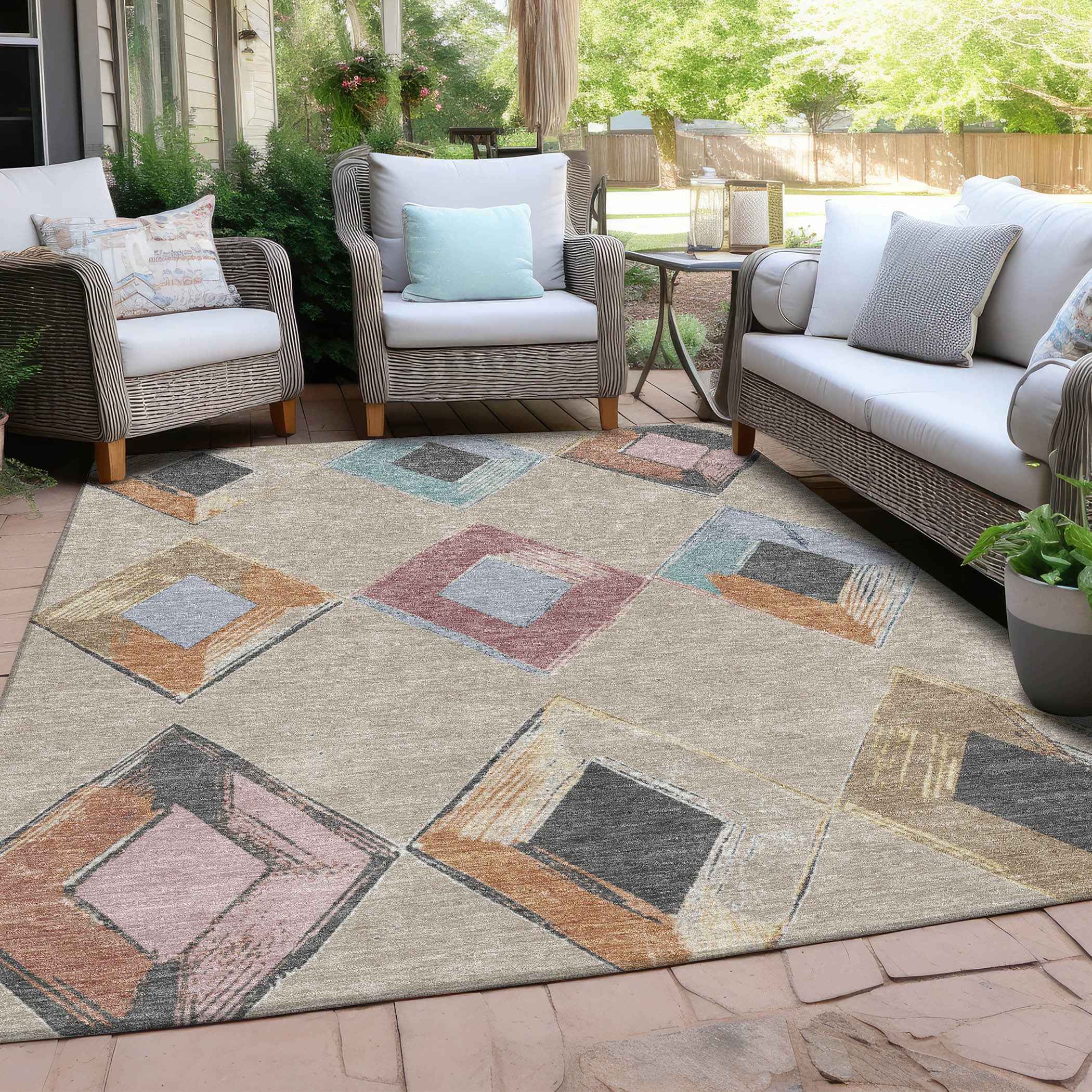 5' X 8' Beige Mauve And Charcoal Geometric Washable Indoor Outdoor Area Rug
