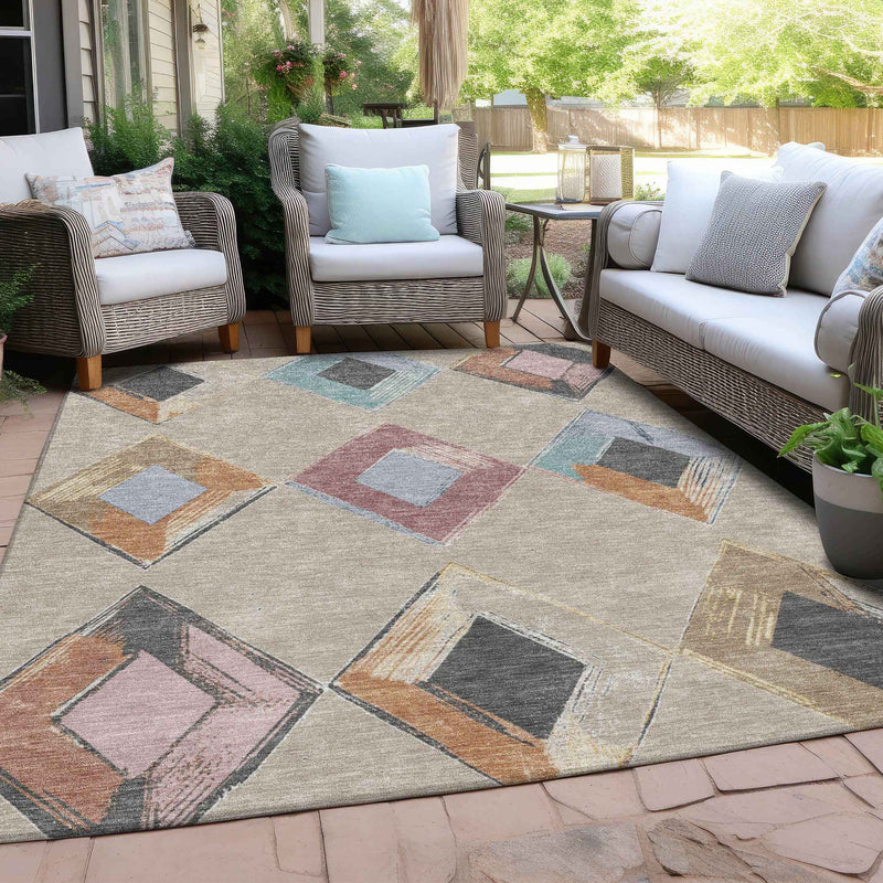 5' X 8' Beige Mauve And Charcoal Geometric Washable Indoor Outdoor Area Rug
