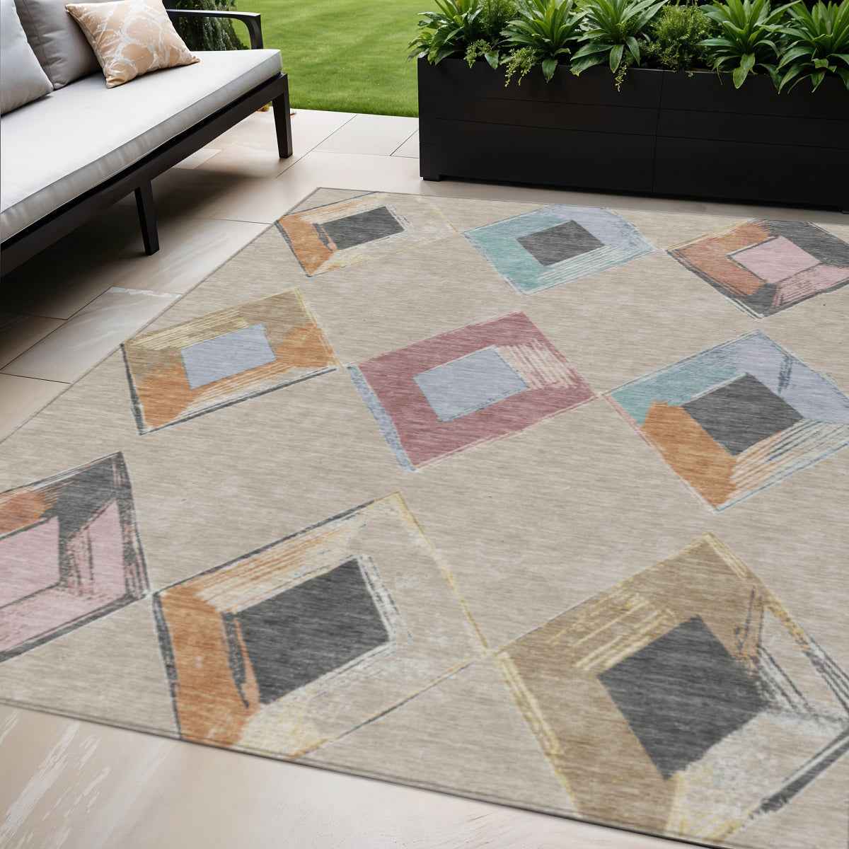 5' X 8' Beige Mauve And Charcoal Geometric Washable Indoor Outdoor Area Rug