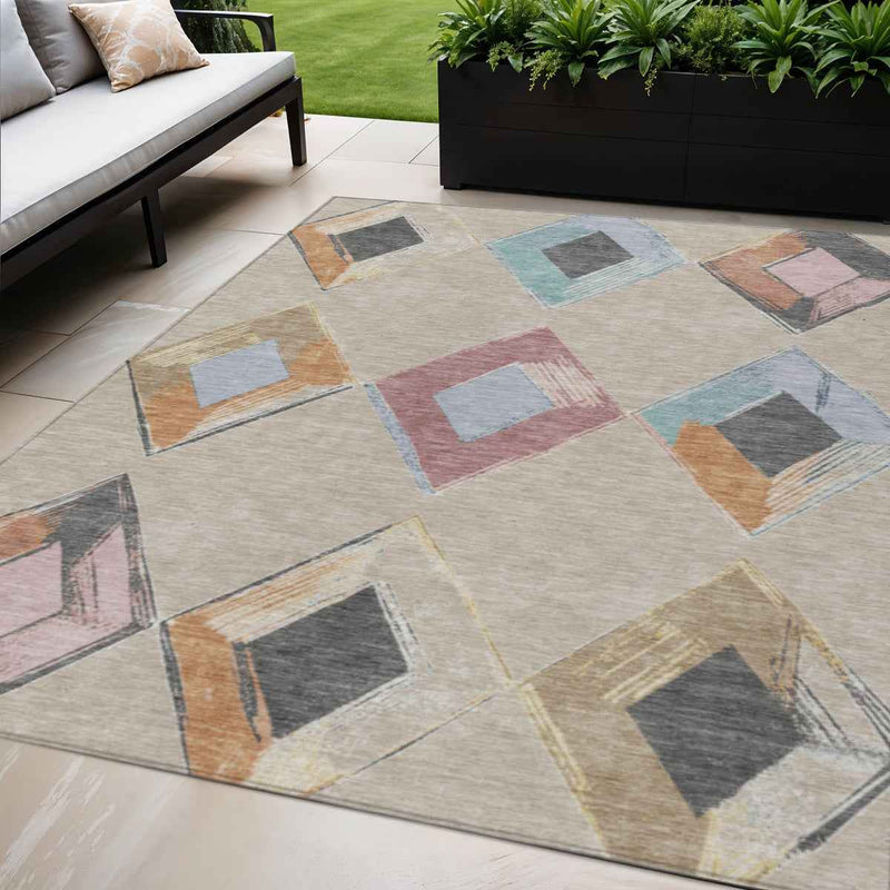 5' X 8' Beige Mauve And Charcoal Geometric Washable Indoor Outdoor Area Rug