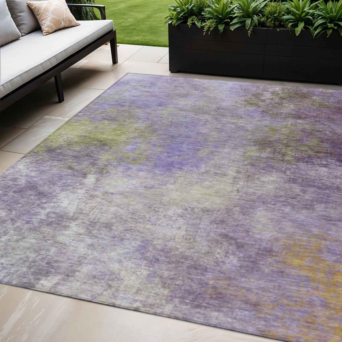 5' X 8' Purple And Olive Green Abstract Washable Indoor Outdoor Area Rug