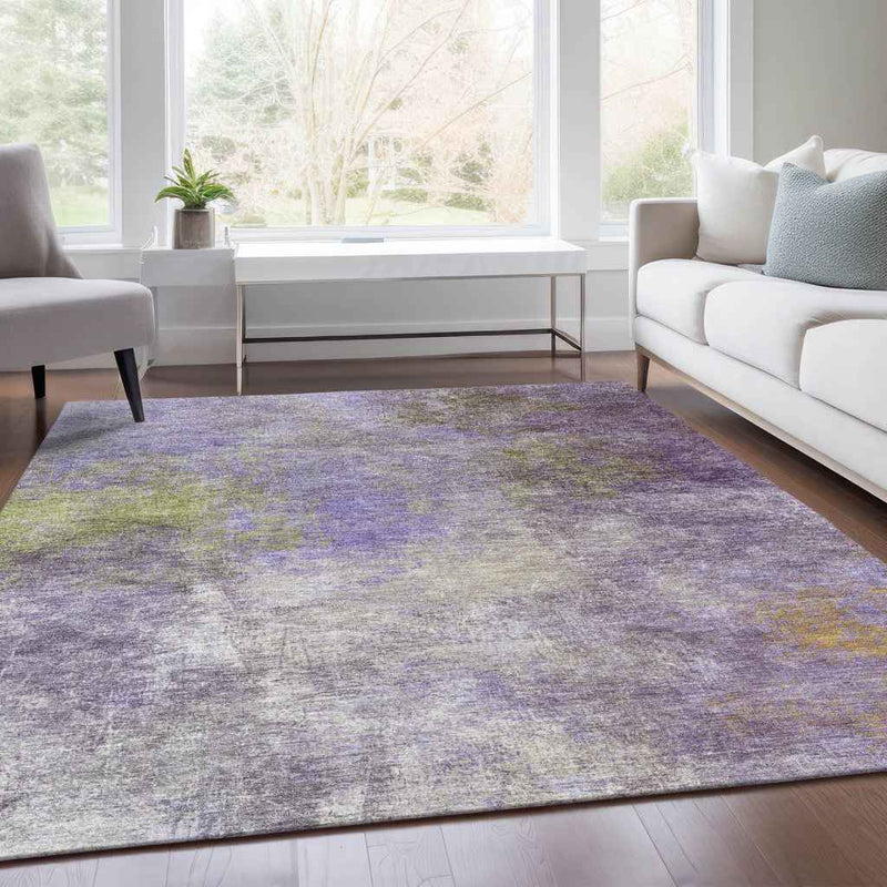 5' X 8' Purple And Olive Green Abstract Washable Indoor Outdoor Area Rug