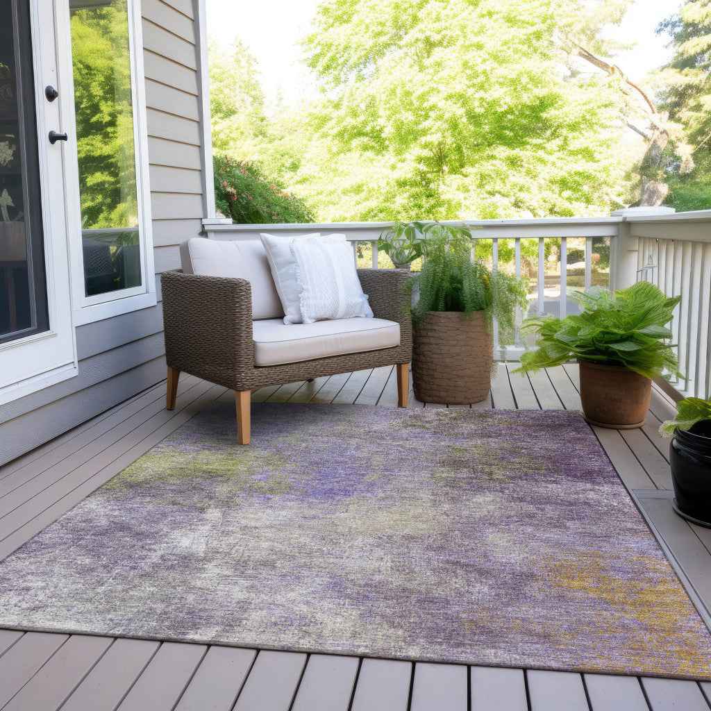 5' X 8' Purple And Olive Green Abstract Washable Indoor Outdoor Area Rug