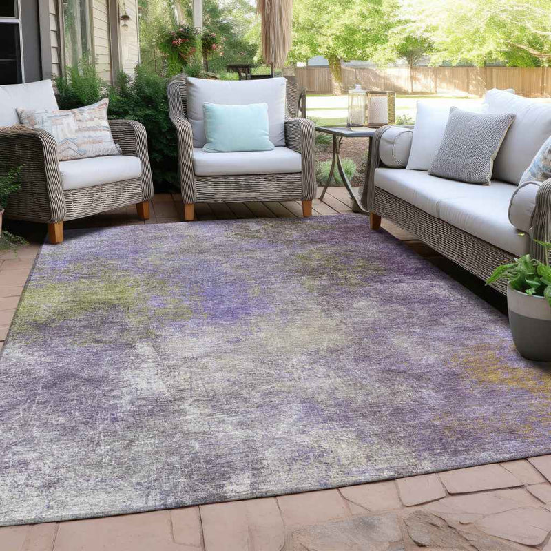 5' X 8' Purple And Olive Green Abstract Washable Indoor Outdoor Area Rug