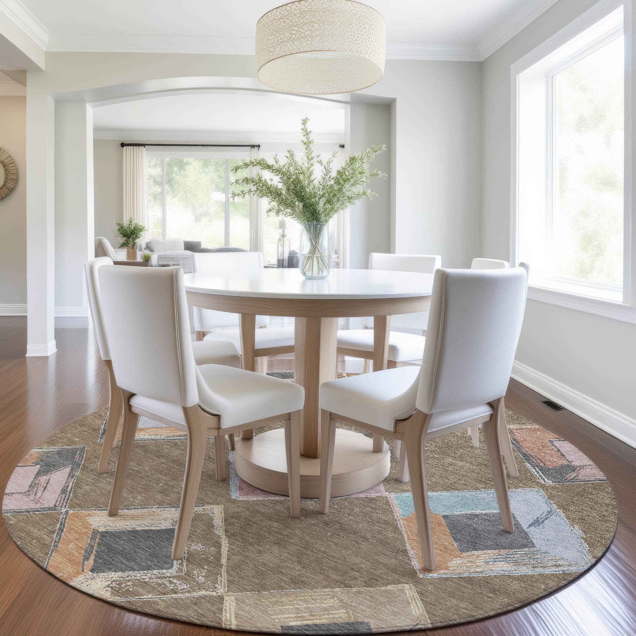 8' Brown Mauve And Charcoal Round Geometric Washable Indoor Outdoor Area Rug