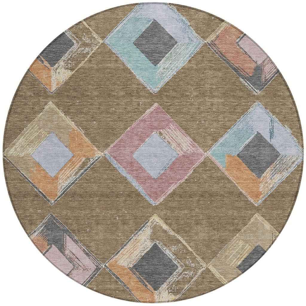 8' Brown Mauve And Charcoal Round Geometric Washable Indoor Outdoor Area Rug