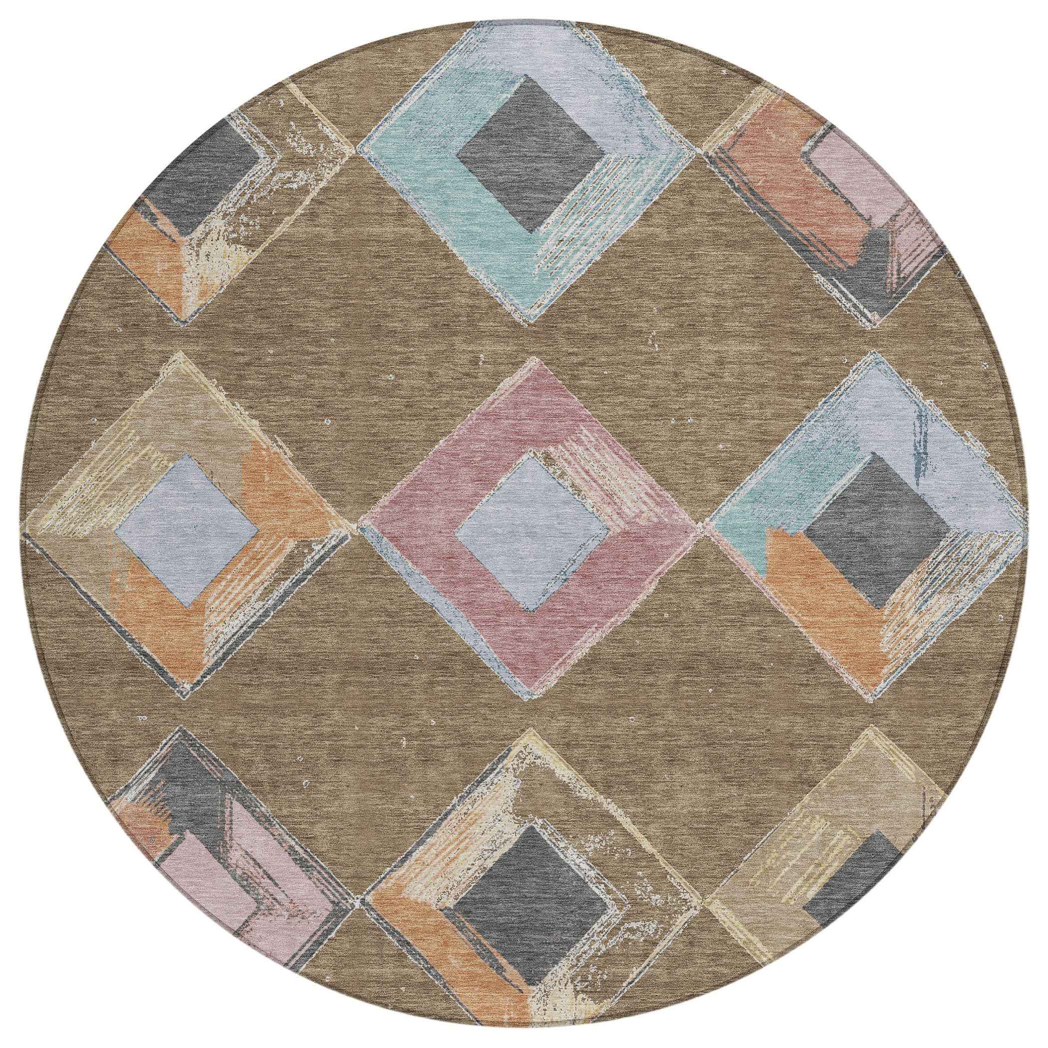 8' Brown Mauve And Charcoal Round Geometric Washable Indoor Outdoor Area Rug