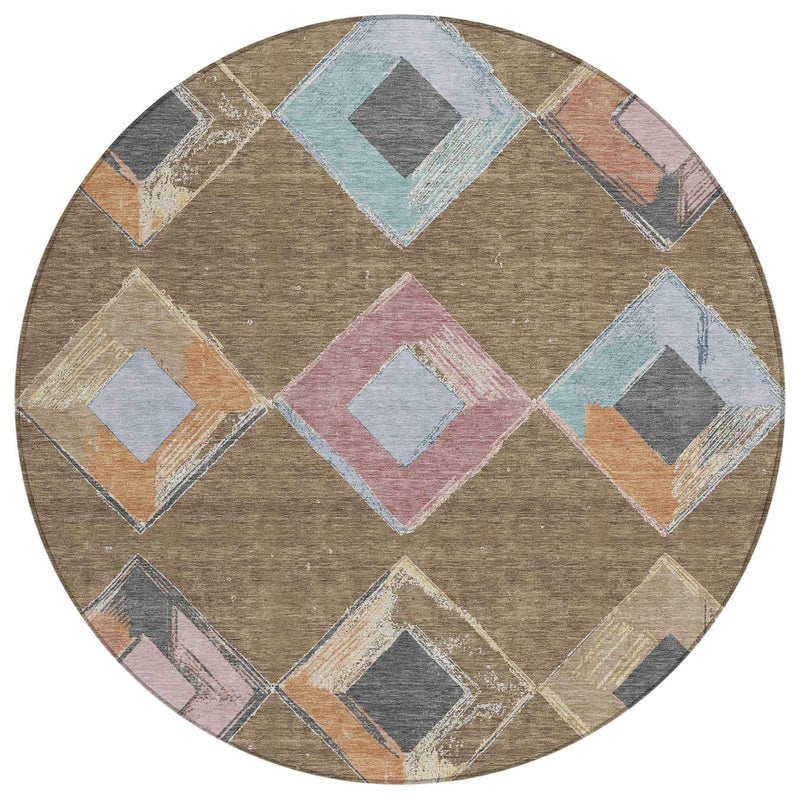 8' Brown Mauve And Charcoal Round Geometric Washable Indoor Outdoor Area Rug