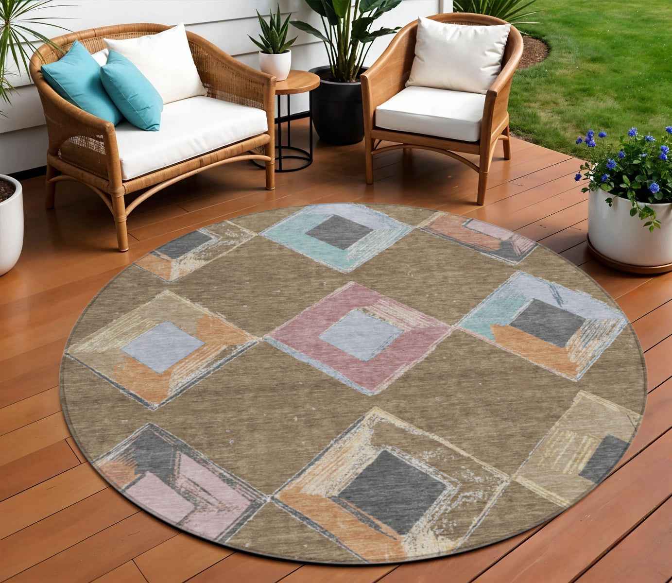 8' Brown Mauve And Charcoal Round Geometric Washable Indoor Outdoor Area Rug